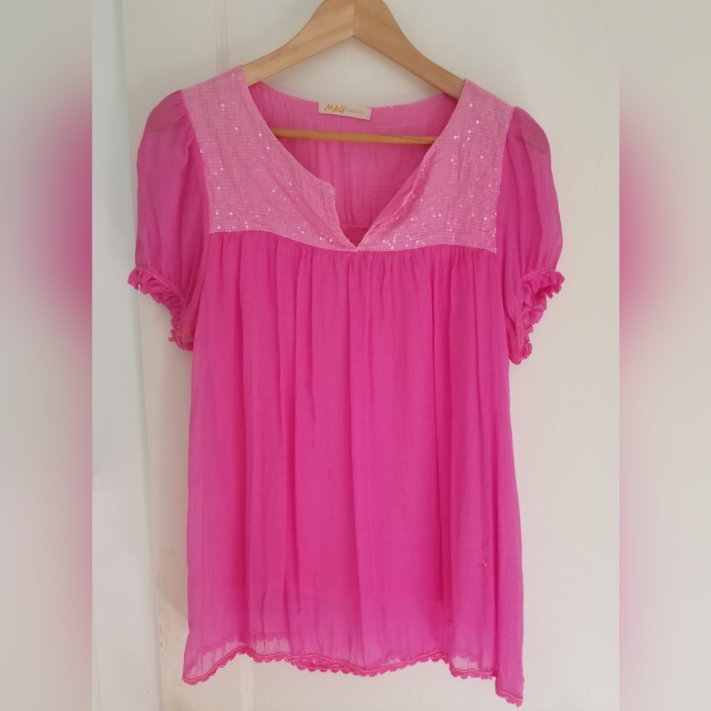 Pink Silk Short Sleeve Blouse